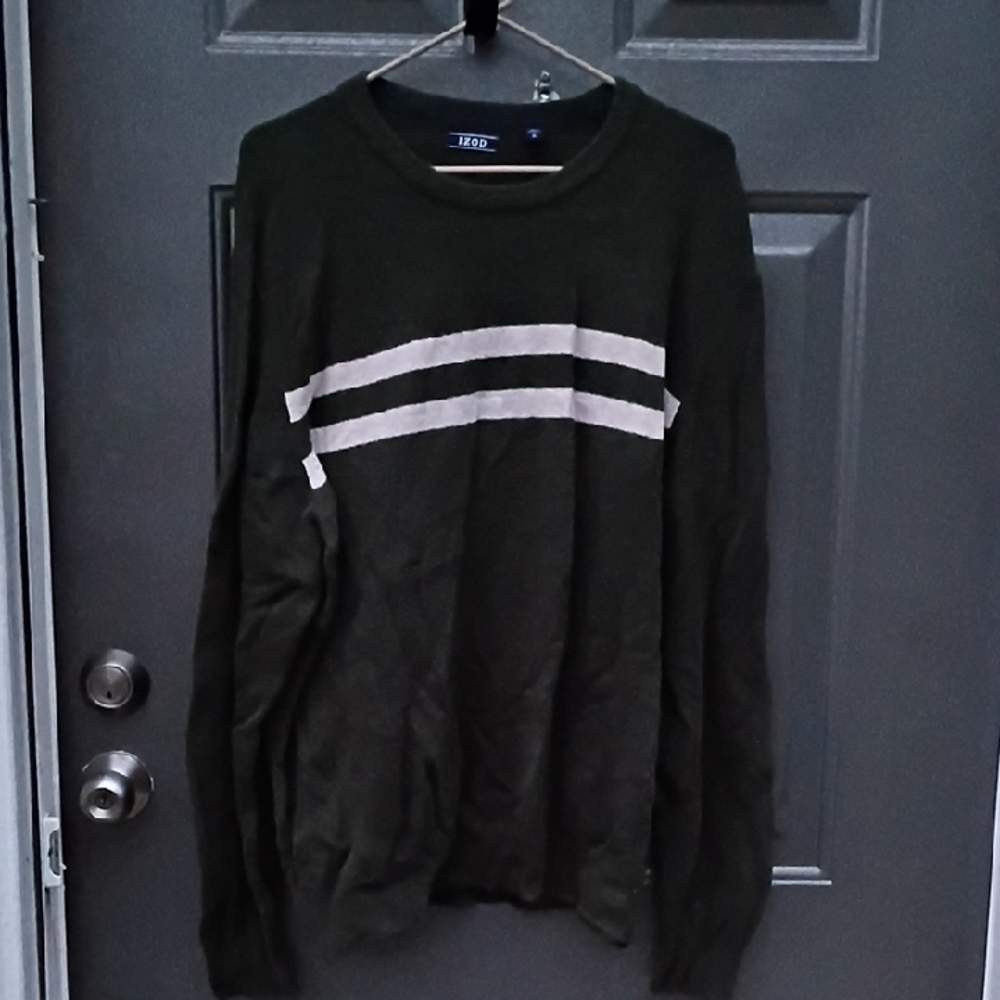 Izod Olive Crewneck Sweater with White Stripes